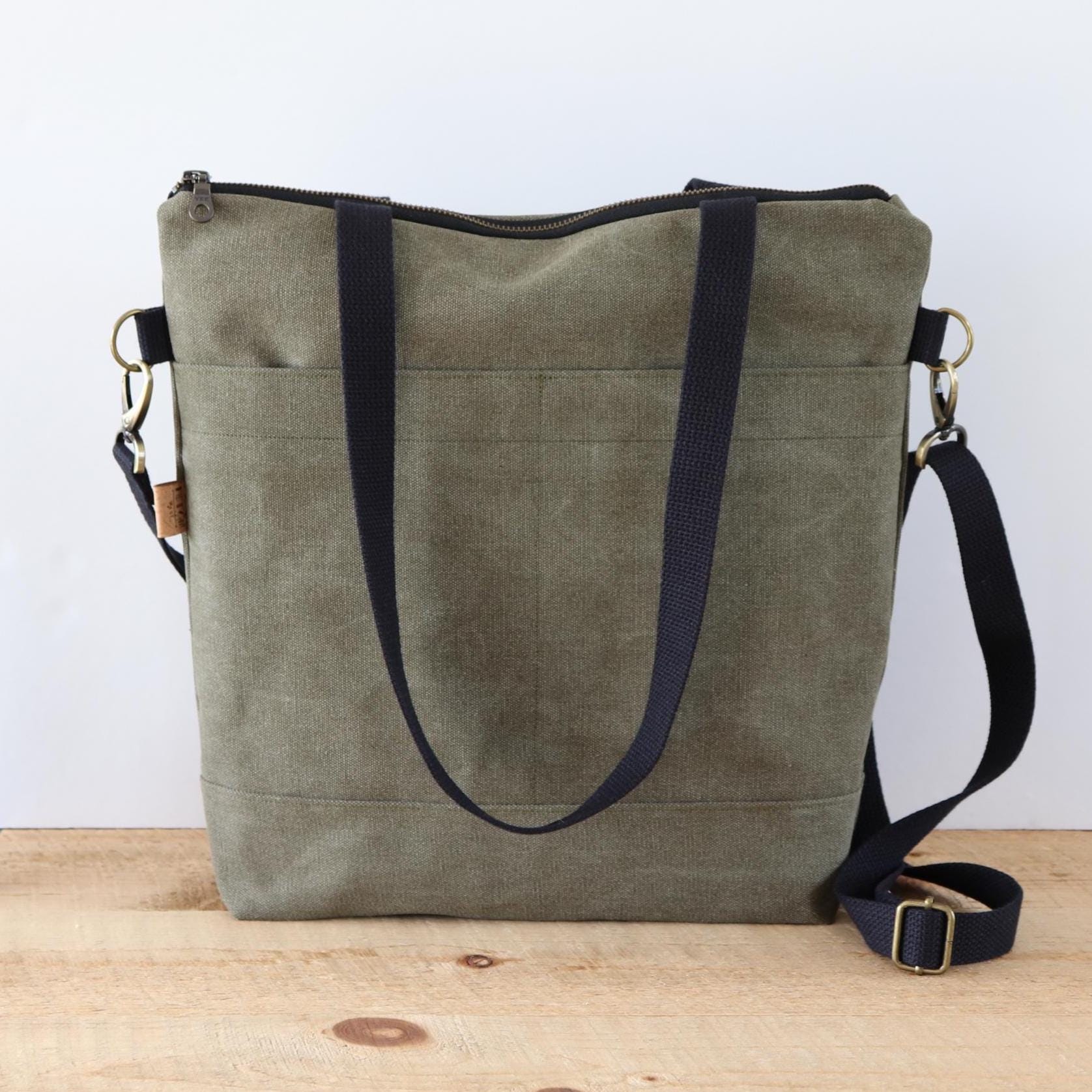 Olive Stonewashed Canvas Crossbody Tote Bag: Zippered Shoulder Bag