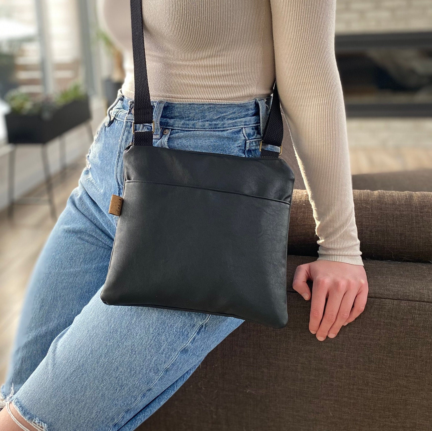 Small Chic Black Vegan Leather Crossbody Purse for Women and 