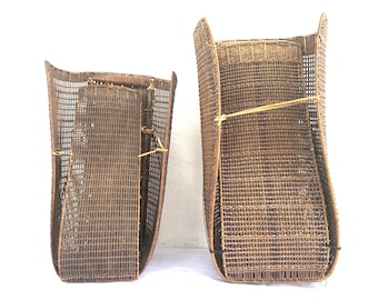 ANTIQUE Farming Basket (One Pair) Old Traditional Rattan Tambok Backpack Weaving Bag Asia