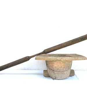 MORTAR DE PESTLE 600 mm LESUNG Escultura de artefacto de cultivo de arroz de madera antigua tradicional