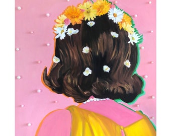 Pearls and Flowers Print / Portrait Painting / Poster / Painted Print / Retro Woman Print / Apartment Decor / Floral Painting