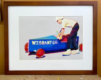 Nostalgic Soap Box Derby Painting / Original Acrylic Art / Mid Century Illustration