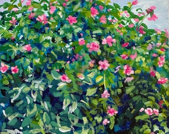 May include: A painting of a bush with pink flowers and green leaves against a blue sky.