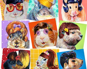 Mod Critters Prints / Animal Friends Painting / Retro Pet Portrait / Acrylic Animal Fashion Decor / Painted Animal Wall Art