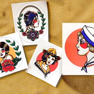 Autocollants en vinyle/Autocollants de tatouage/Portrait américain traditionnel/Femme vintage/Aileronnière/Gitane/Cowgirl/Marin