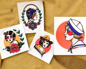 Vinyl Stickers / Tattoo Stickers / American Traditional Portrait / Vintage Women / Flapper / Gypsy / Cowgirl /Sailor