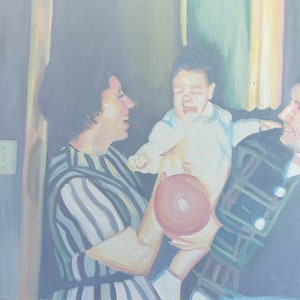 Family Party Oil Painting / Mid Century Inspired Art / Original Family History Painting