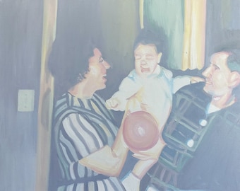 Family Party Oil Painting / Mid Century Inspired Art / Original Family History Painting