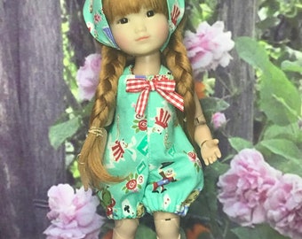 Vintage inspired print Sunsuit and Bandana for 8" Ten Ping, Mini Sara, 9 inch Kruselings and similar size dolls