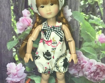 Vintage inspired print Sunsuit and Bandana for 8" Ten Ping, Mini Sara, 9 inch Kruslings and similar size dolls