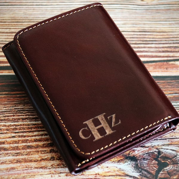 Trifold wallets for men, Personalized trifold wallet with initials, Monogrammed genuine leather mens wallet, 2 ID windows, 1 coin pocket