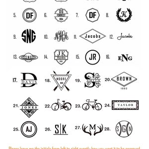 May include: A collection of 28 design options for personalized engravings. The designs include initials, names, and symbols, displayed in various fonts and styles. The image also includes instructions for customization, emphasizing initial order and size.