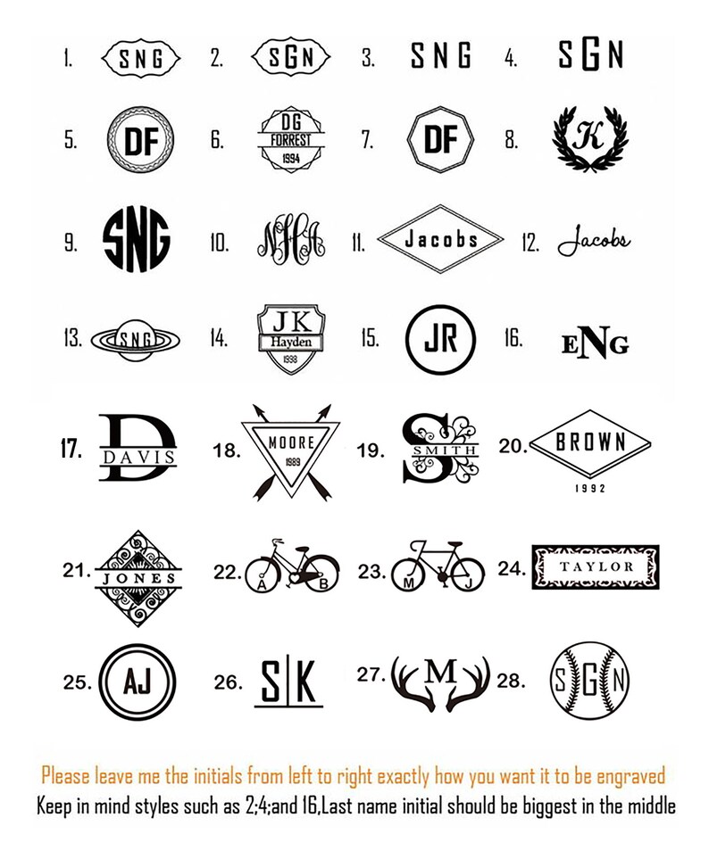 May include: A collection of 28 design options for personalized engravings. The designs include initials, names, and symbols, displayed in various fonts and styles. The image also includes instructions for customization, emphasizing initial order and size.