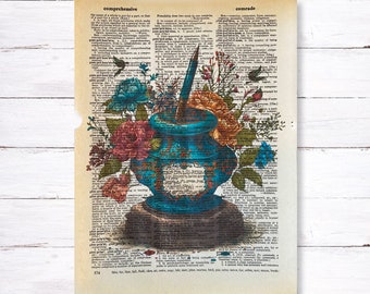 Inkwell Art Print, Vintage Dictionary Art Print, Blue Inkpot Artwork, Writer Gift, Gifts for Authors, Recycled