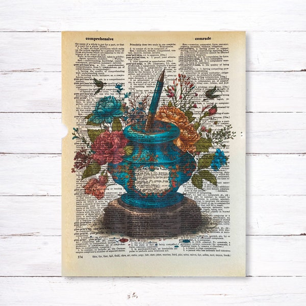 Inkwell Art Print, Vintage Dictionary Art Print, Blue Inkpot Artwork, Writer Gift, Gifts for Authors, Recycled