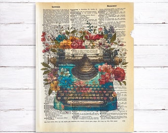 Typewriter Dictionary Print, Vintage Dictionary Art Print, Book Lover Art Print, Writer Gift, Gifts for Authors, Floral Typewriter Image