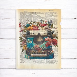 Typewriter Dictionary Print, Vintage Dictionary Art Print, Book Lover Art Print, Writer Gift, Gifts for Authors, Floral Typewriter Image