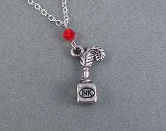 Writer Quill and Ink Charm Necklace, Nanowrimo, Gift Ideas for Writers, Presents for Writers, Book Writer Novelist Storyteller Jewelry Gift