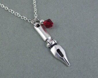 Writer Pen Nib Silver Charm Necklace, NaNoWriMo Camp NaNo, Gift for Writer Author Poet Editor, Literary, Gift Ideas for Aspiring Writers
