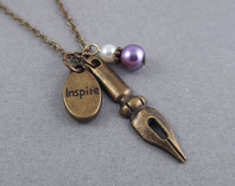 Writer Inspire Pen Nib Charm Necklace, Nanowrimo, Gift Ideas for Writers, Presents for Writers, Book Writer Novelist Storyteller Jewelry