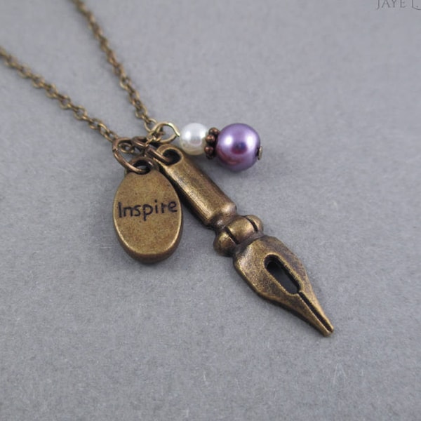 Writer Inspire Pen Nib Charm Necklace, Nanowrimo, Gift Ideas for Writers, Presents for Writers, Book Writer Novelist Storyteller Jewelry