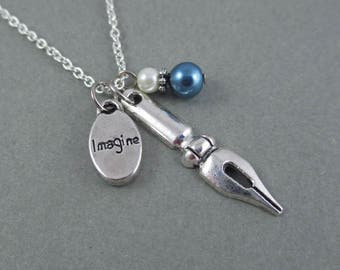 Writer Pen Nib Word Charm Necklace, NaNoWriMo, Writer Author Gift, Writer Author Jewelry, Gift Ideas for Aspiring Writers, Literary Bookish