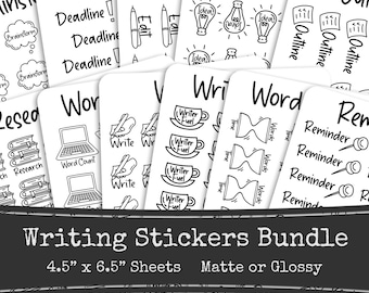 Writing Sticker Bundle, Author Novel Planning, Printed Sticker Sheets, Writer Stickers, Writing Planner, Word Count, Word Sprint, Deadline