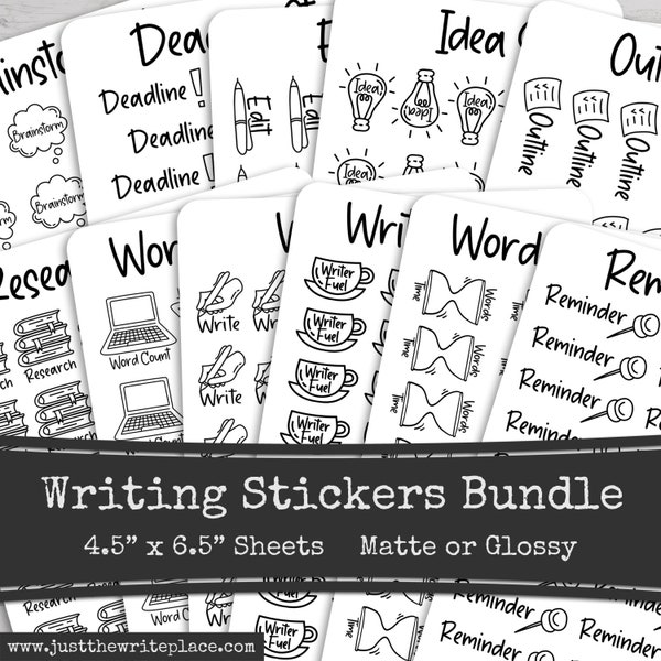 Writing Sticker Bundle, Author Novel Planning, Printed Sticker Sheets, Writer Stickers, Writing Planner, Word Count, Word Sprint, Deadline