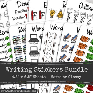 May include: A set of writing stickers featuring various designs, including deadlines, research, word count, time, write, and writer fuel. The stickers are 4.5 inches by 6.5 inches and are available in matte or glossy finishes. The stickers are designed for writers and students.