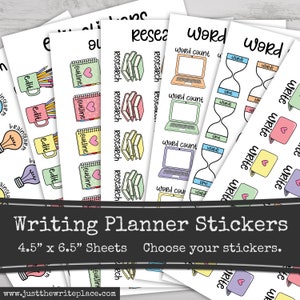 May include: A set of colorful planner stickers featuring writing-related icons. The stickers include images of a lightbulb, a coffee cup, a notebook, a stack of books, a laptop, and an hourglass. The text "Writing Planner Stickers" is printed on a black banner at the bottom of the image. The text "4.5" x 6.5" Sheets Choose your stickers." is printed below the banner.