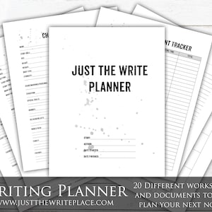 Puede incluir: Un planificador de escritura imprimible en blanco y negro con el texto "Just the Write Planner" y "20 hojas de trabajo y documentos diferentes para ayudarte a planificar tu próxima novela". El planificador incluye hojas de trabajo para el desarrollo de personajes, ideas de historias y mucho más.