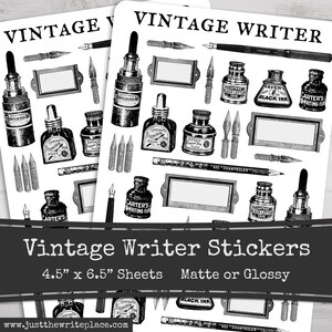 May include: Vintage writer stickers featuring black and white illustrations of ink bottles, pens, and pencils. The stickers are on 4.5" x 6.5" sheets and are available in matte or glossy finishes.