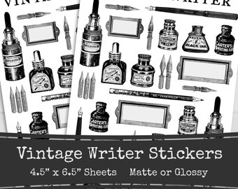 Vintage Writer Stickers, Antique Writing Tools Stickers, Novel Planning, Stickers for Writing, Author Stickers, Inkwell, Pen Nibs