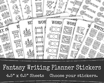 Fantasy Writing Planner Stickers, Author Novel Planning, Printed Sticker Sheets, Writer Stickers, Word Count, Word Sprint, Worldbuilding