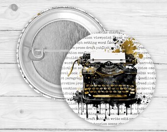 Watercolor Typewriter Pinback Button or Magnet – Writer Gift, Book Lover Badge, Author Aesthetic, Literary Accessory