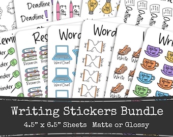 Pastel Writing Sticker Bundle, Author Novel Planning, Printed Sheets, Writer Stickers, Writing Planner, Word Count, Word Sprint, Deadline