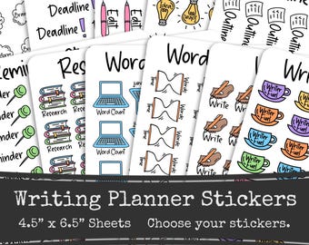 Pastel Writing Planner Stickers, Author Novel Planning, Printed Sticker Sheets, Writer Stickers, Word Count, Word Sprint, Deadline