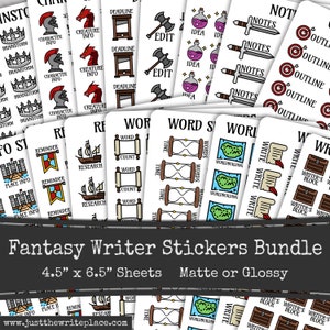 Fantasy Writer Sticker Bundle, Author Novel Planning, Printed Sticker Sheets, Writing Planner, Word Count, Word Sprint, Worldbuilding