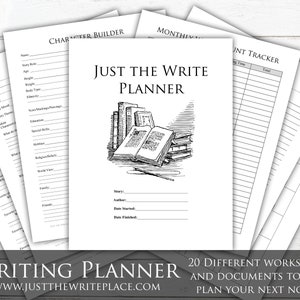 Könnte beinhalten: Eine Schwarzweißillustration eines Stapels Bücher mit einem einzigen Buch, das oben offen liegt. Das Bild trägt den Titel "Just the Write Planner" und wird vom Text "20 Different Worksheets and Documents to Help Plan Your Next Novel." begleitet. Der Text "Writing Planner" und die Website-Adresse "www.justthewriteplace.com" sind ebenfalls enthalten.
