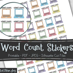 Puede incluir: Una hoja de pegatinas imprimibles con ilustraciones coloridas de portátiles con el texto "Word Count" en cada una. Las pegatinas están diseñadas para su uso en planificadores, diarios y otras manualidades de papel.