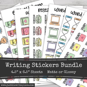 May include: A set of colorful writing stickers featuring various writing-related icons, such as a coffee cup, a book stack, a laptop, and an hourglass. The stickers are arranged in rows on white sheets with the text "Writing Stickers Bundle" and "4.5" x 6.5" Sheets Matte or Glossy" at the bottom.