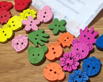 Rainbow Mixed Colours Assorted Design Wooden Shaped Buttons: Pack of 30 buttons