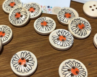 White Orange Daisy Floral Buttons: Packs of 6 buttons