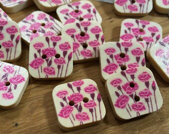 Square Pink Rose Patterned Wooden Buttons:Packs of 4 buttons