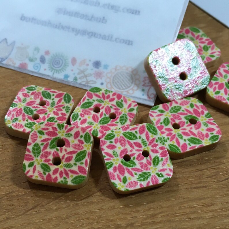 Packs of 8 buttons Square Pink Green Floral Patterned Wooden Buttons