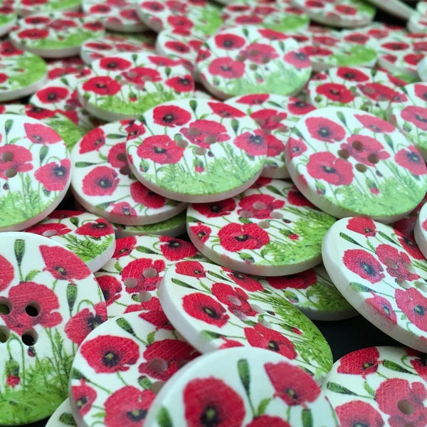 Poppy Field Large Wooden Buttons: Packs of 3, 8 or 10 buttons