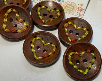 Lime & Orange Threaded Love Heart Dark Wooden Round Buttons: Packs of 2 or 4 buttons