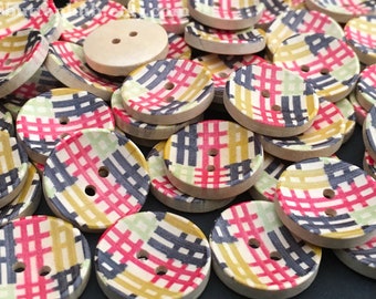 Checked Tartan Plaid Round Wooden Buttons: Packs of 10 buttons