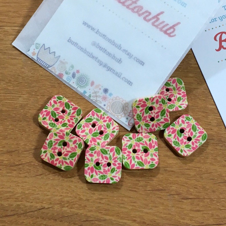 Packs of 8 buttons Square Pink Green Floral Patterned Wooden Buttons