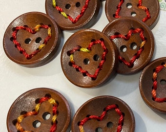 Red Amber Green Threaded Love Heart Dark Wooden Round Buttons: Packs of 2, 3 or 4 buttons